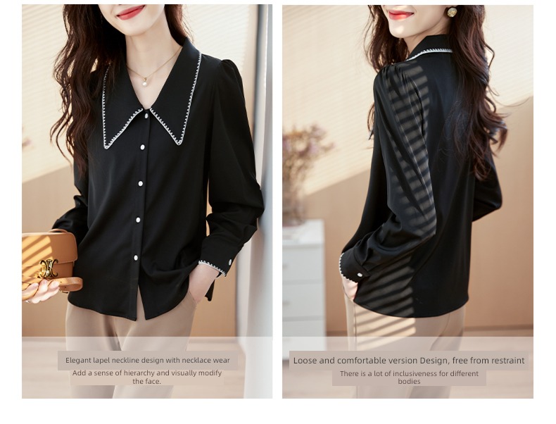 black Long sleeve Sense of design Early autumn Chiffon jacket shirt