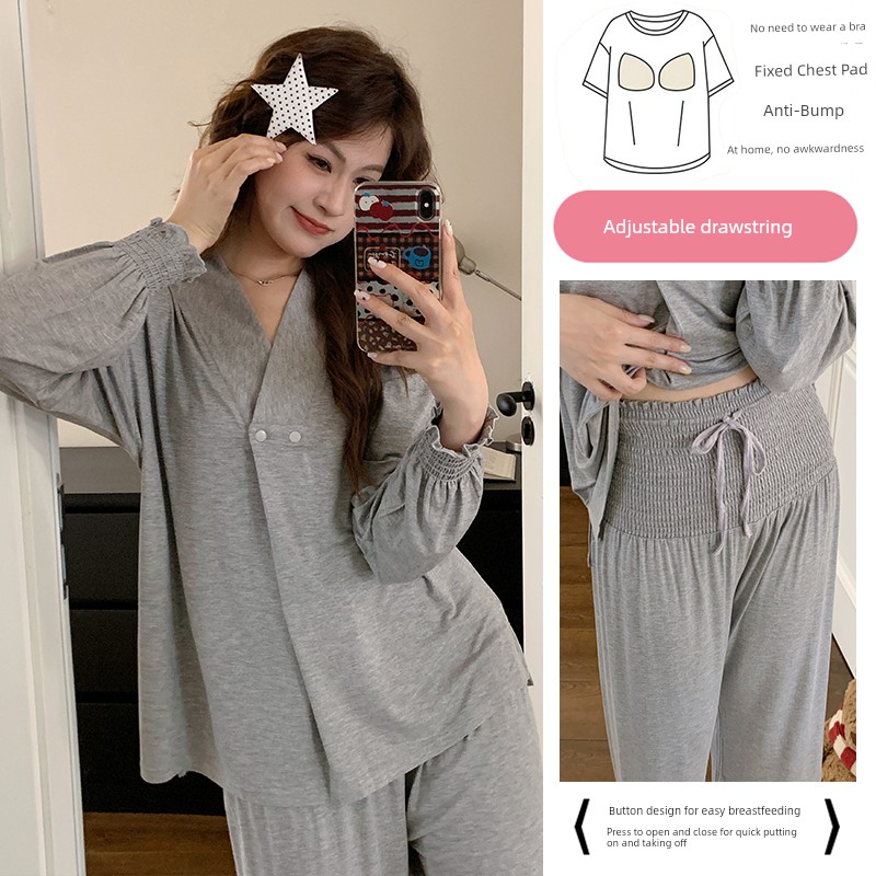 Free Hairband with Modal Maternity Pajamas for Women, Spring and Autumn Cool Nursing Postpartum Wear, Summer Thin Style with Breast Pads for Home Use — 5