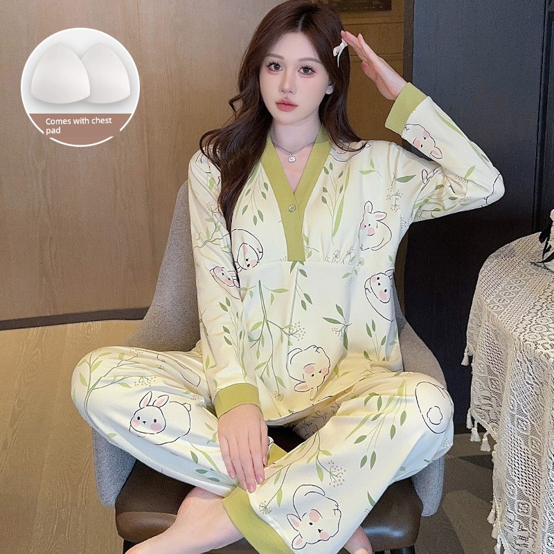 Simple Style Maternity Pajamas with Chest Pads, Pure Cotton, Thin Summer and Autumn Postpartum Nursing Sleepwear for Pregnant Women, All-Cotton for Autumn — 7
