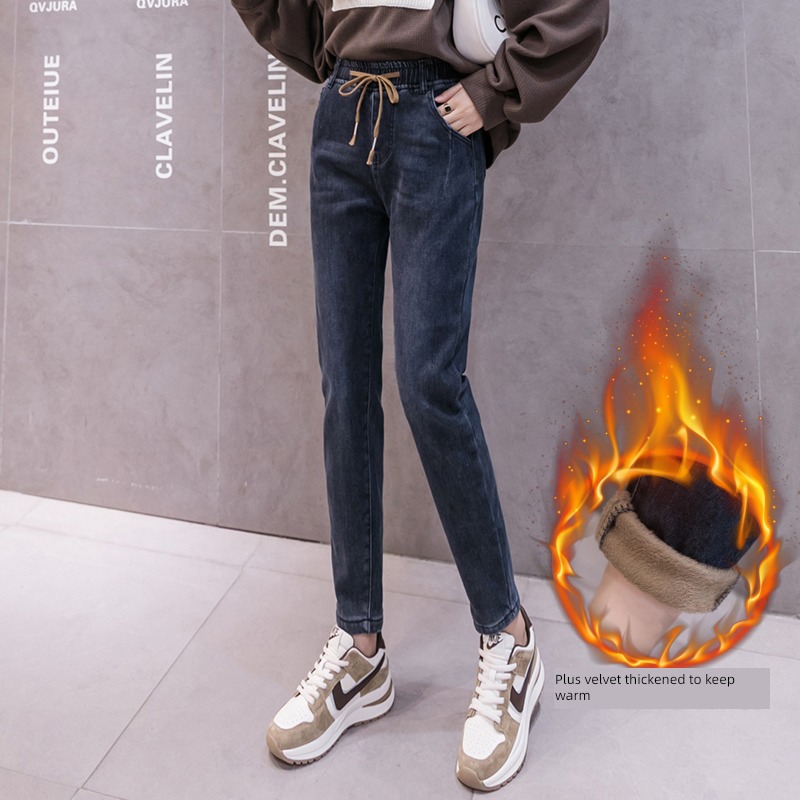 Plush thickening elastic force High waist student easy Jeans