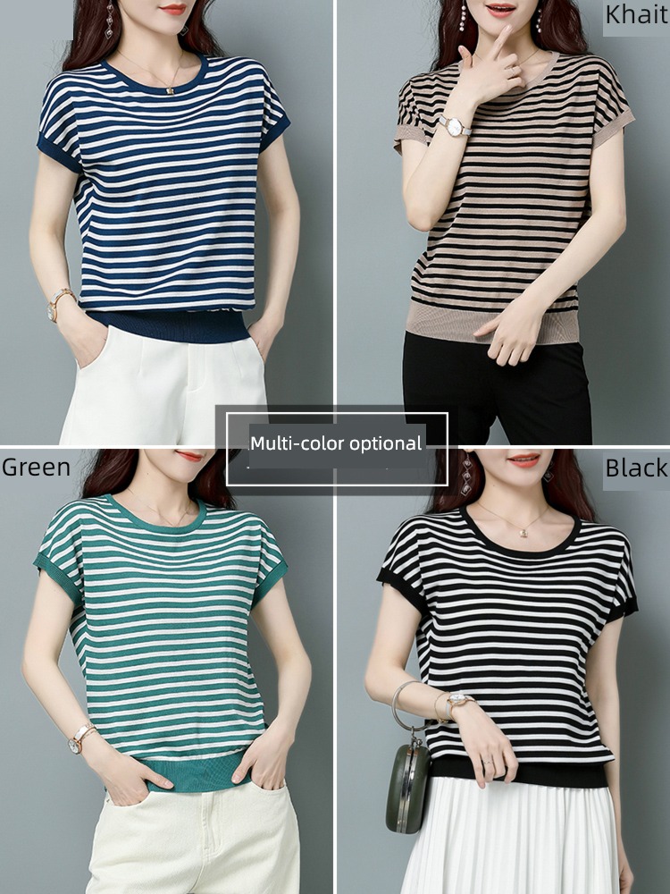 stripe Ice silk Short sleeve Thin money easy Cover your stomach T-shirt