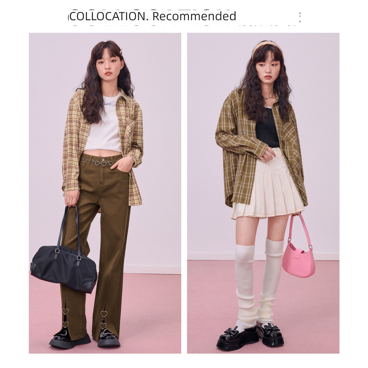 Happy town leisure time Check pattern Asymmetry Splicing easy shirt