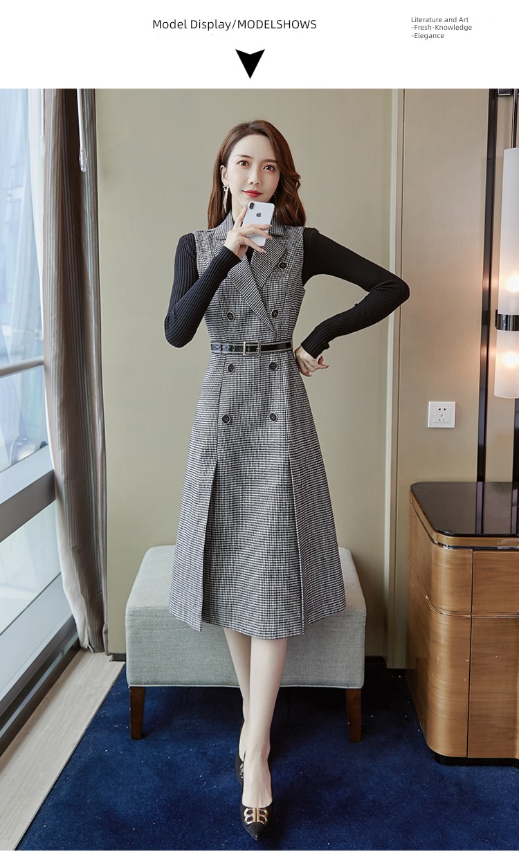 Autumn and winter houndstooth  Vest skirt temperament Wool tailored collar