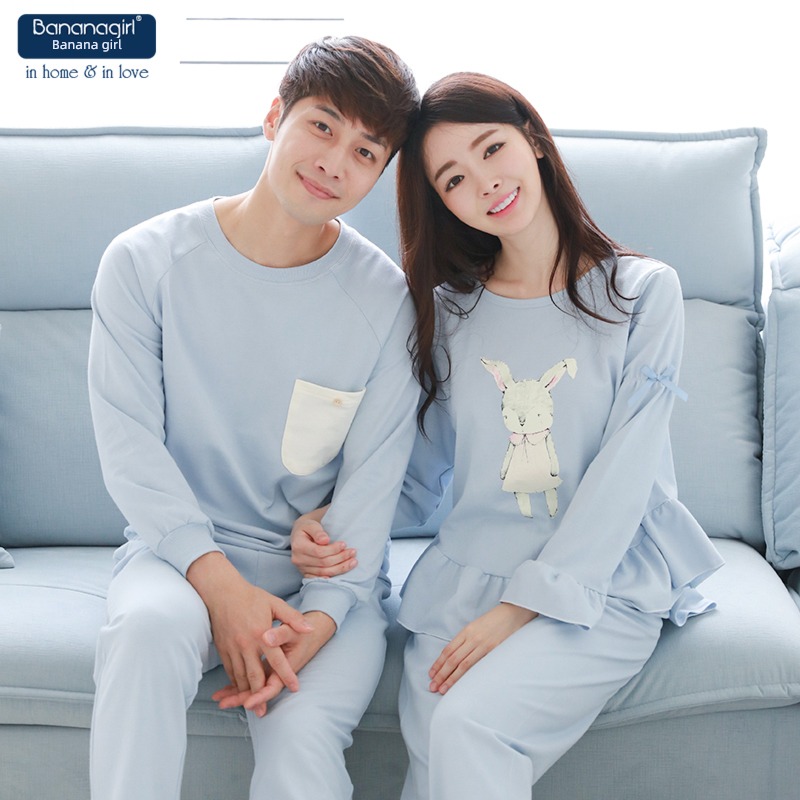 bananagirl lovers pajamas female cotton material Korean version spring and autumn Long sleeve Big size easy man leisure wear Two piece set