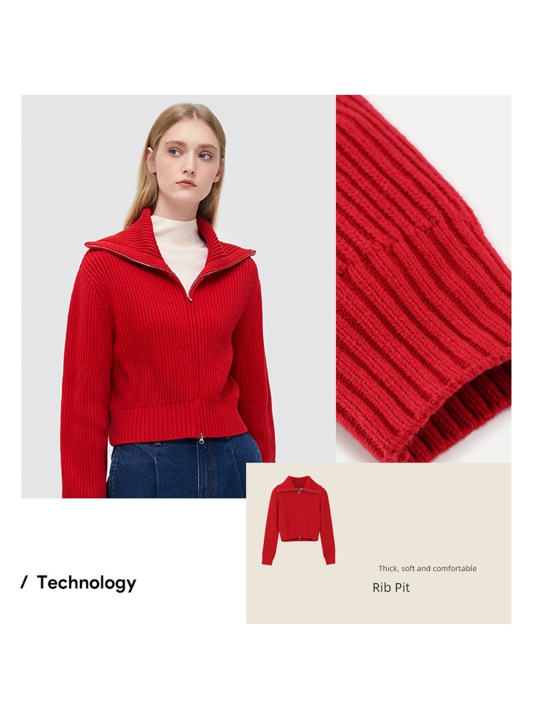 Nordic moment Big lapel Rib Double zipper sweater