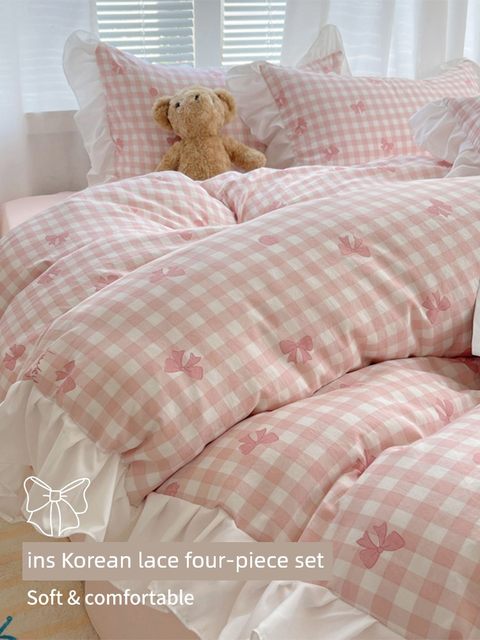 Princess Style Girls Heart Four-Piece Set Partial Cotton Pure Cotton Pink Lace Quilt Set Door Bed Single Bed Three-Piece Set