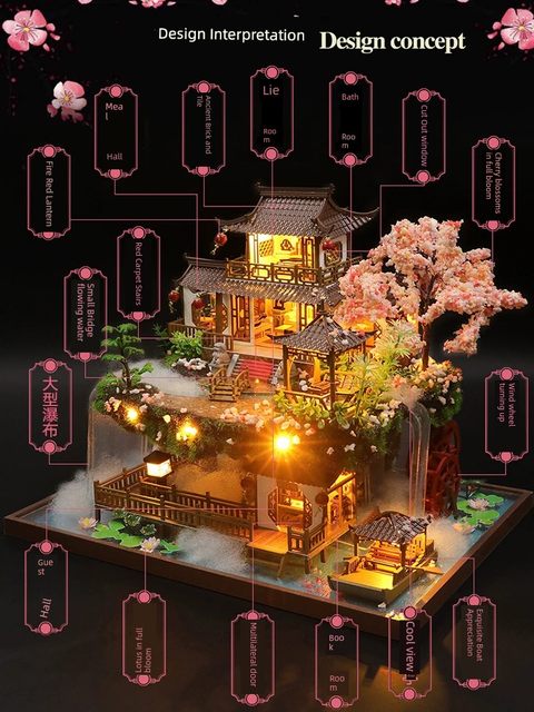 Chinese style DIY hut, world-famous fairyland ancient town building villa handmade model house birthday gift for women