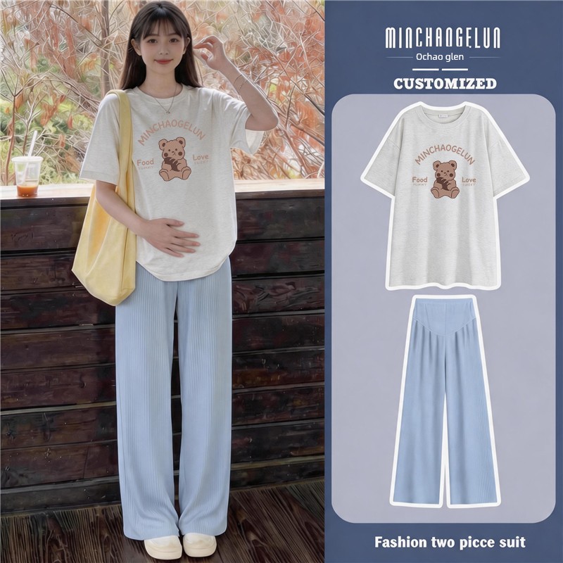 Maternity Suit for Summer Outings, Korean Style, Stylish Pure Cotton Short-Sleeved Top, Loose Casual Belly-Supporting Wide-Leg Pants Two-Piece Set — 10