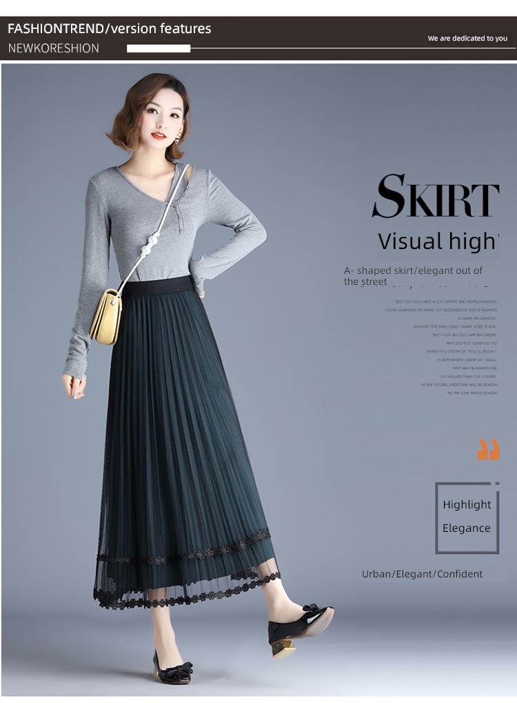 Spring and summer popular A word Sequins Pleat Medium length Yarn skirt