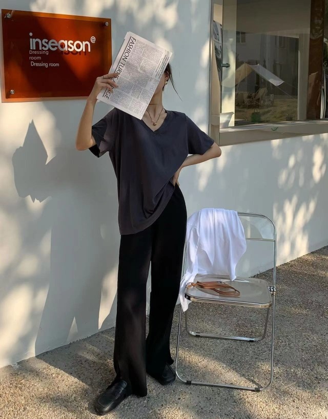 Run Xi washing pure cotton V-neck leisure time ma'am white T-shirt