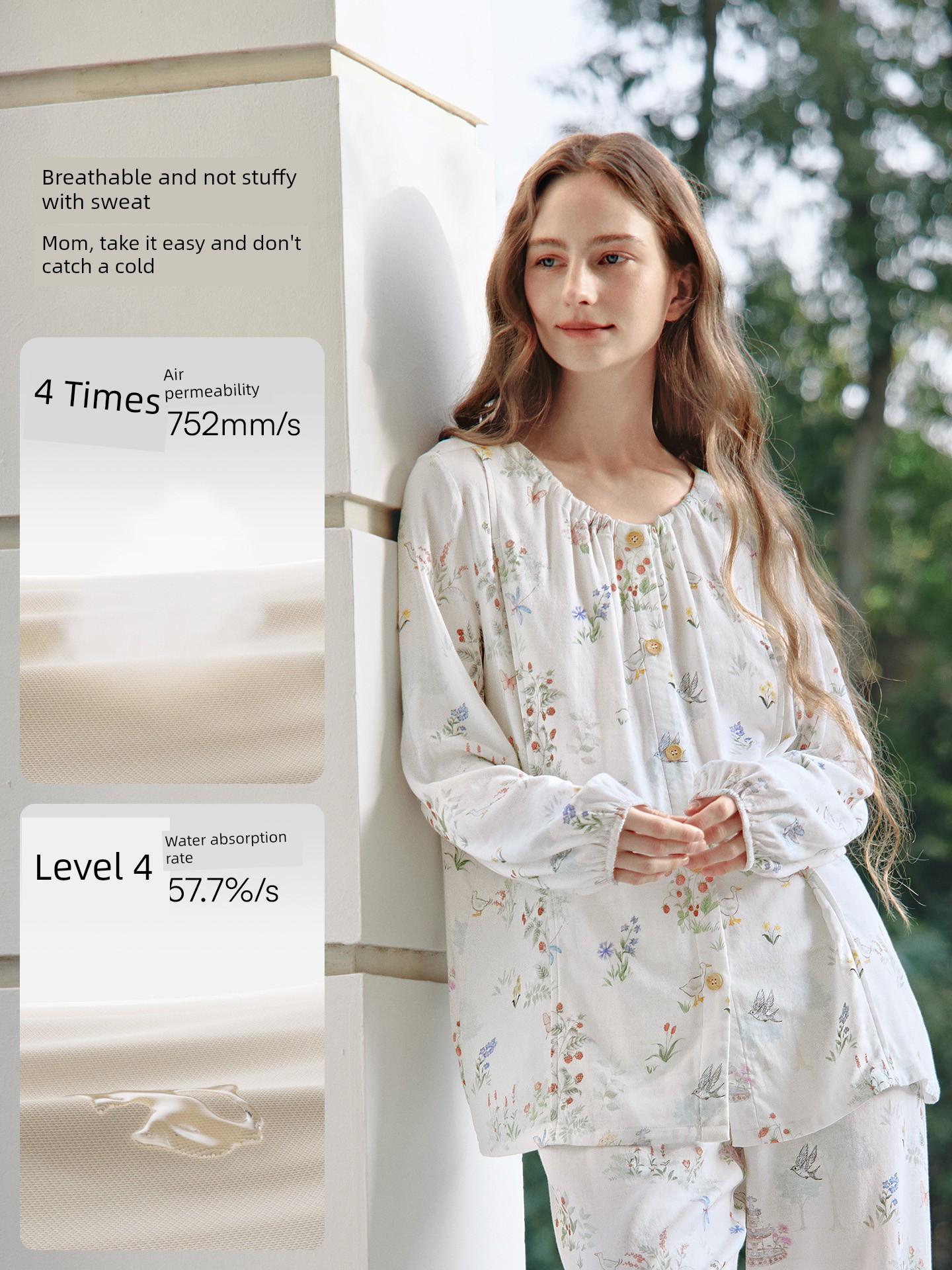 Manxi Autumn and Winter Maternity Nursing Pajamas Elastic Silk Linen Cotton Light Grass Green Mambo Postpartum Maternity Wear Homewear Set — 2