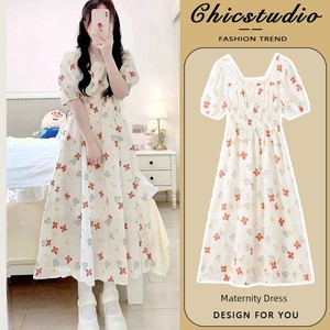Maternity Dress, Summer Short-Sleeved, Thin, French Square-Neck, Long Floral Fashion Dress for Stylish Moms, Belly-Cover