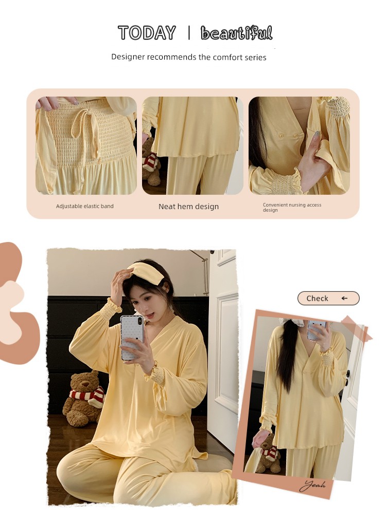 Free Hairband with Modal Maternity Pajamas for Women, Spring and Autumn Cool Nursing Postpartum Wear, Summer Thin Style with Breast Pads for Home Use — 19