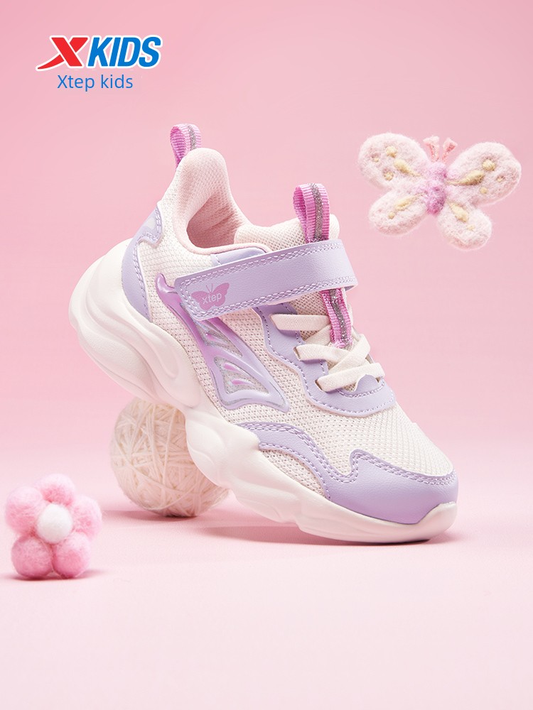 Xtep Children's Girls' Shoes 2026 New Autumn Mesh Breathable Sports Shoes with Velcro Casual Running Shoes