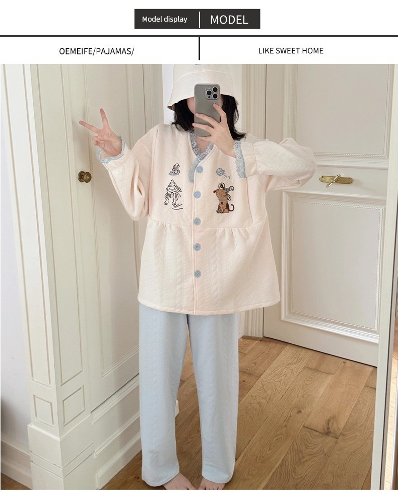 Spring, Autumn, and Winter Maternity Pajamas with Chest Pads, Thickened Air Cotton, No Need to Wear Underwear, Layered Maternity Sleepwear with Hood Set — 6