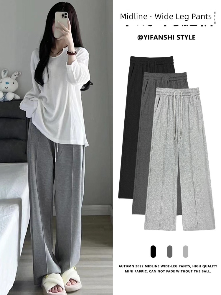 grey High waist Show thin easy leisure time Plush Wide leg pants