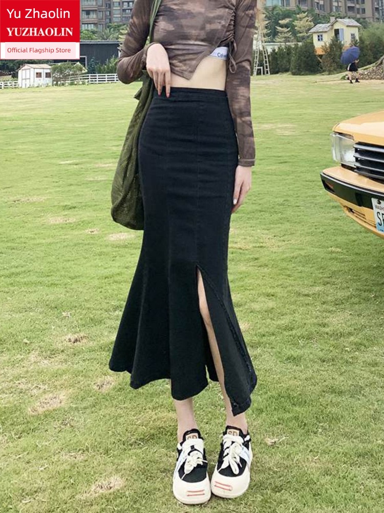 black spring and autumn A word Medium and long term Fork Denim skirt