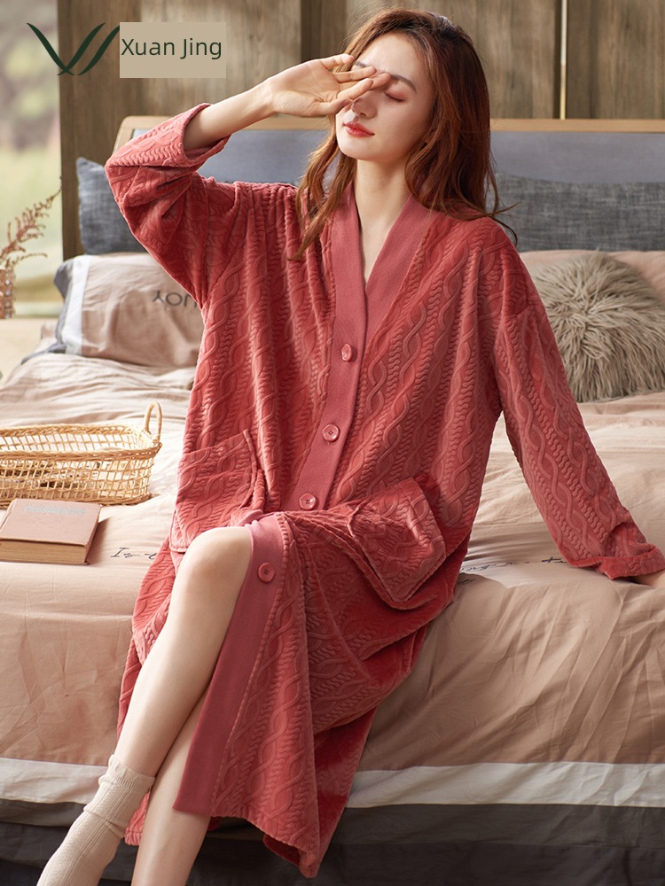 female thickening keep warm Coral velvet Spring and Autumn longuette robe