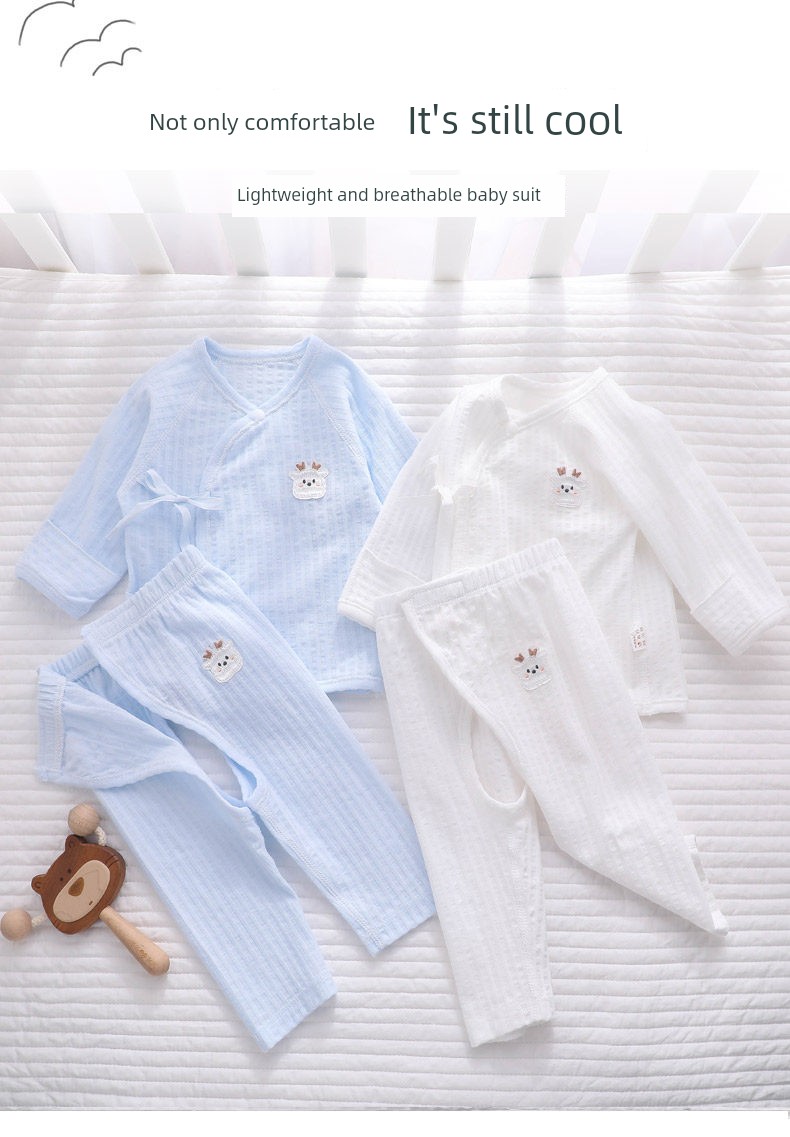 All-Cotton Pure Cotton Newborn Baby Two-Piece Set, Summer Thin Style, Autumn Clothing, Pure Cotton Monk-Style Clothes, Open-Crotch for Newborns — 3