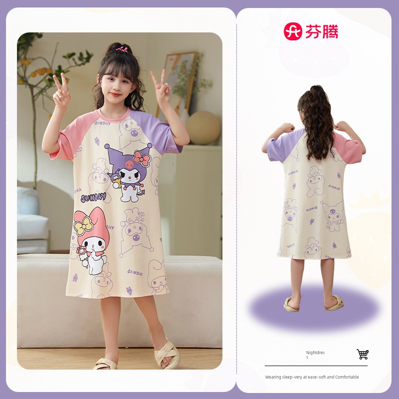 Fenteng Girls' Nightgown Pure Cotton Summer Style Princess Little Girl Kidsren's Pajamas Summer Home Wear Dress — 3