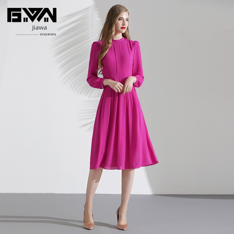 The new rose red Chiffon Self-cultivation Long sleeve Dress