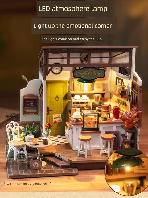 Ruojing Ruole coffee shop DIY hut handmade house wooden assembled miniature building blocks toys gift
