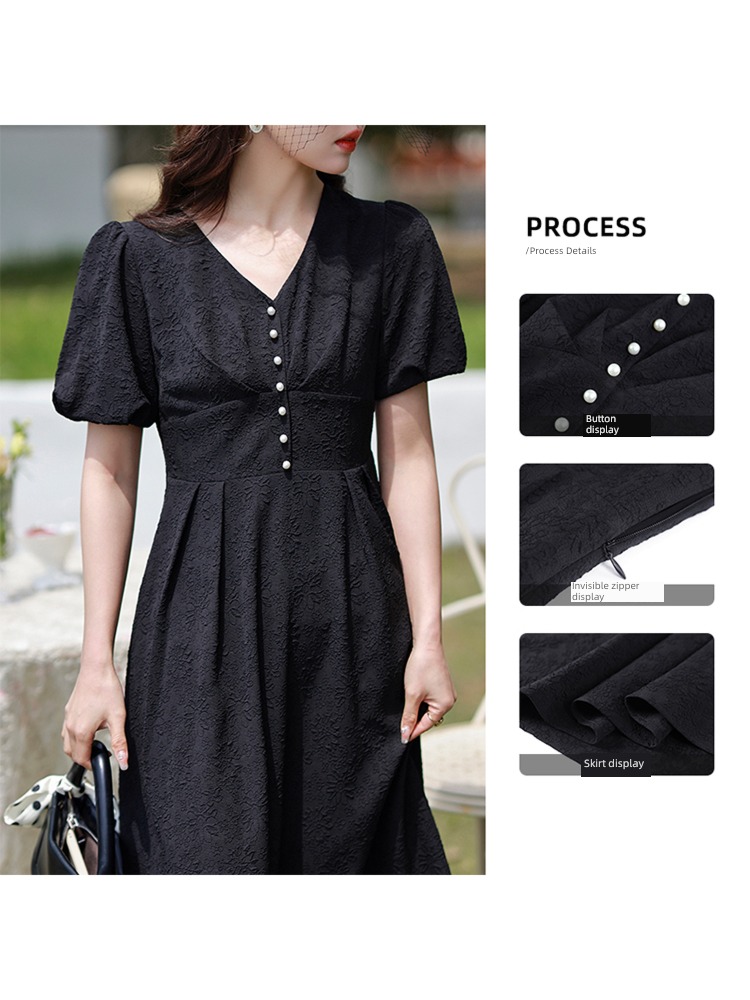 Blue language temperament V-neck Fat mm Close your waist jacquard weave Little black dress