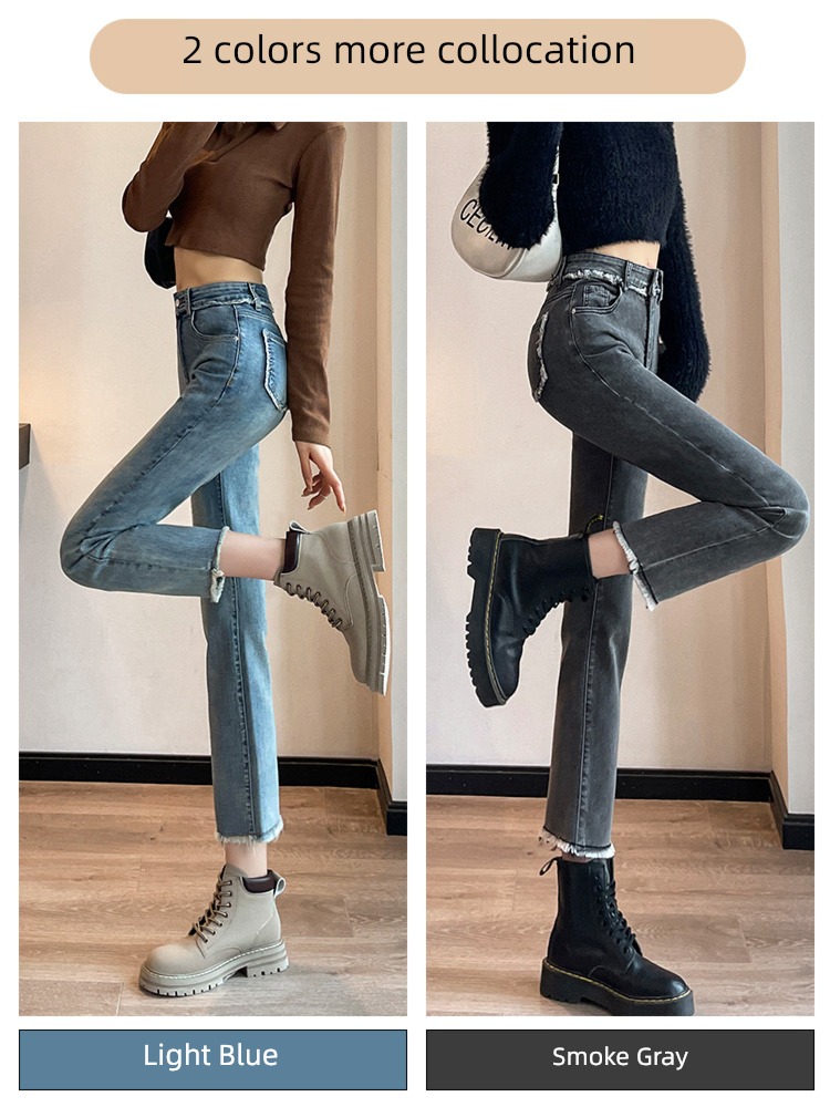 Make old Plush Autumn and winter Sense of design Rough edge Jeans