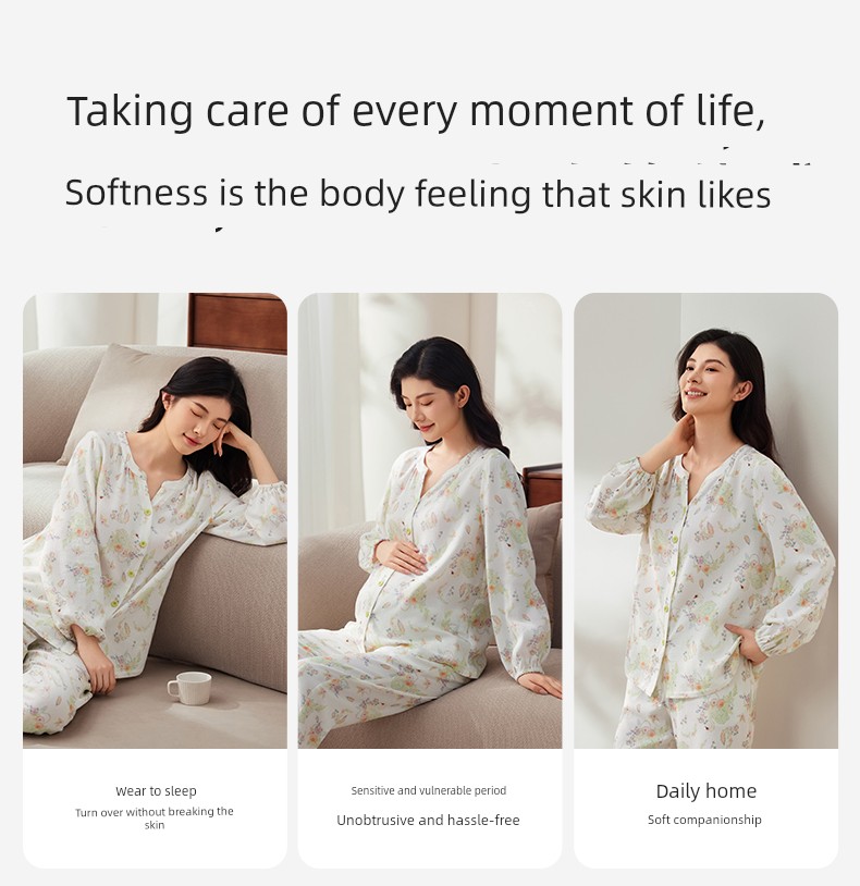 October Crystal Bamboo Cotton Cloud Gauze Maternity Pajamas Homewear Set for Pregnant and Postpartum Women, Nursing Sleepwear, Autumn Style for Women — 17