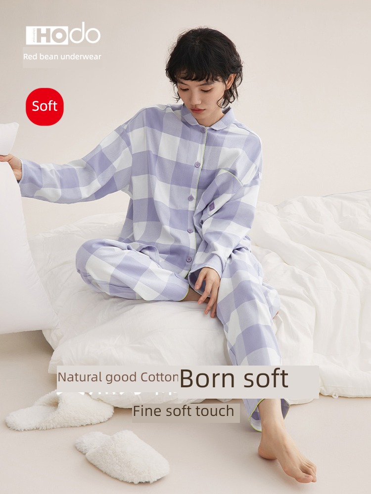 ma'am pure cotton pajamas Sanding lattice Medium thickness Red bean
