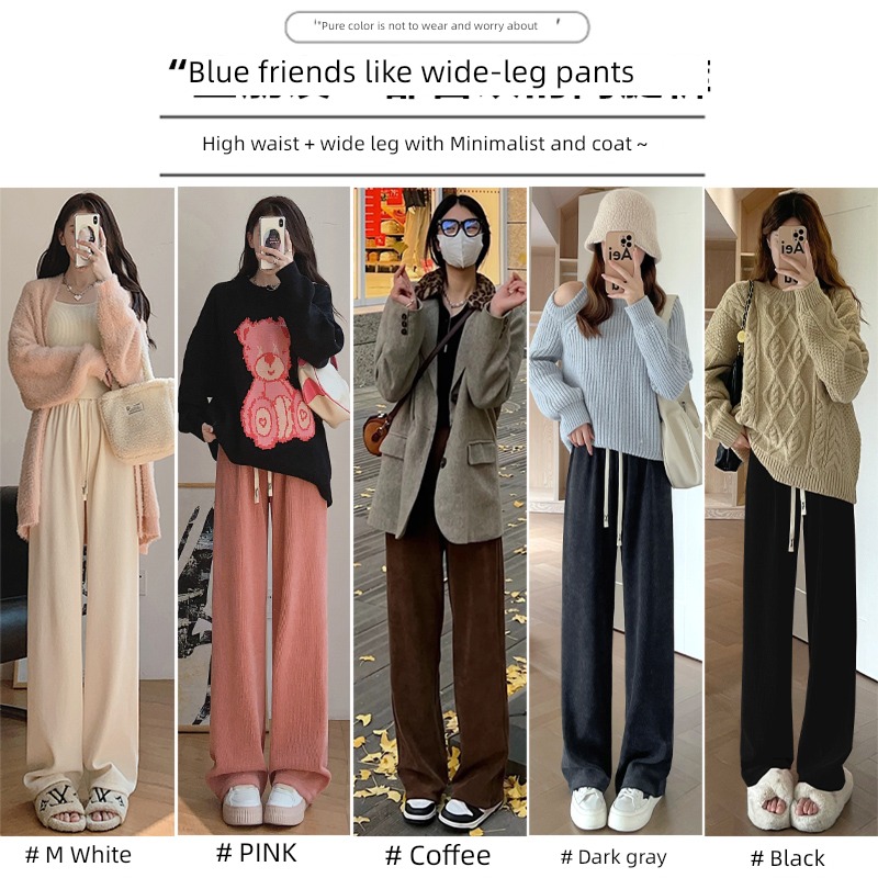 white Autumn and winter High waist leisure time Plush Wide leg pants