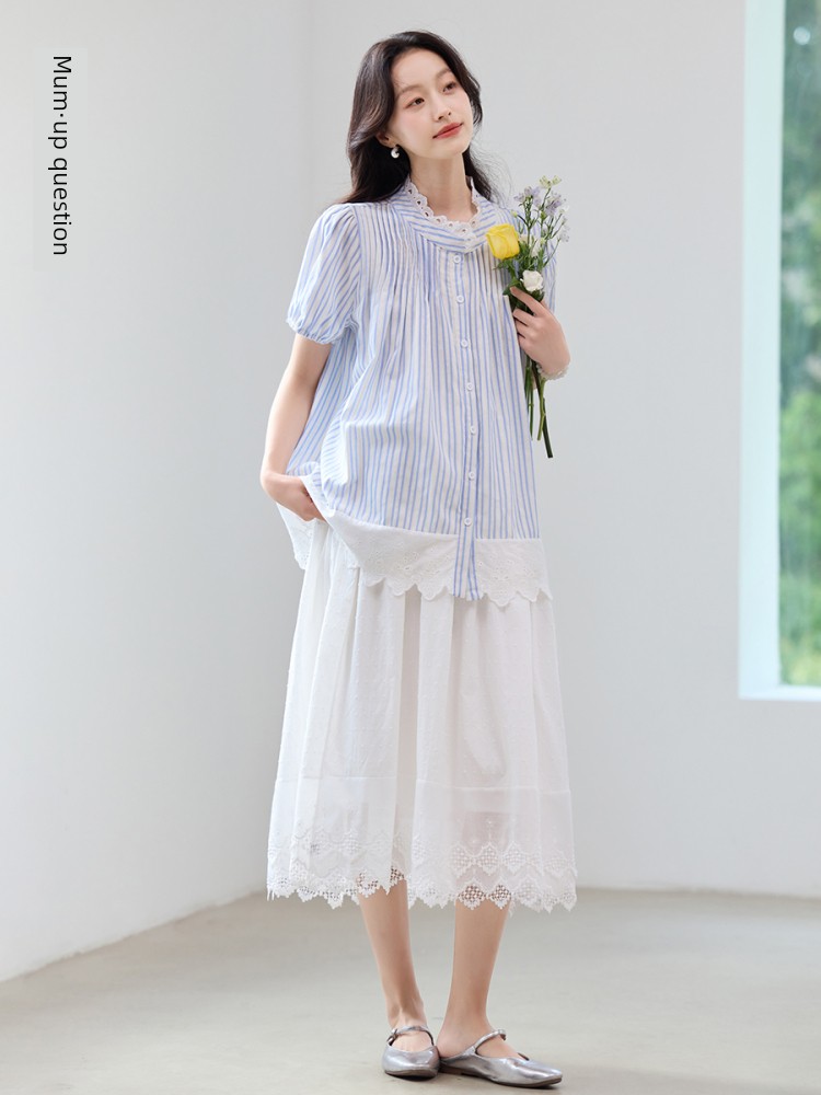 Pregnancy Premium Maternity Set: Summer Outerwear for Pregnant Moms, High-End Outfit with Lace Patchwork Shirt and Skirt Two-Piece Set — 2