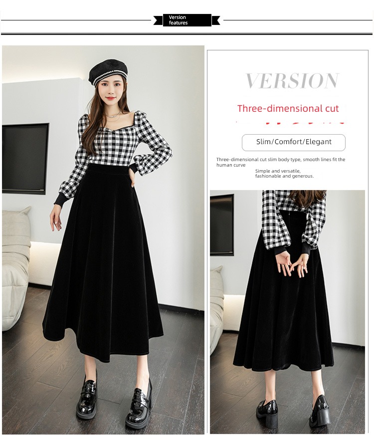 Coffee Autumn and winter Velvet Medium and long term High waist skirt