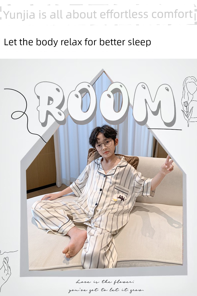 All-Cotton Pure Cotton Ice Silk Pajamas for Boys, Summer Short-Sleeve Three-Piece Set, Air-Conditioned Clothing for Older Children, 2026 New Model — 6