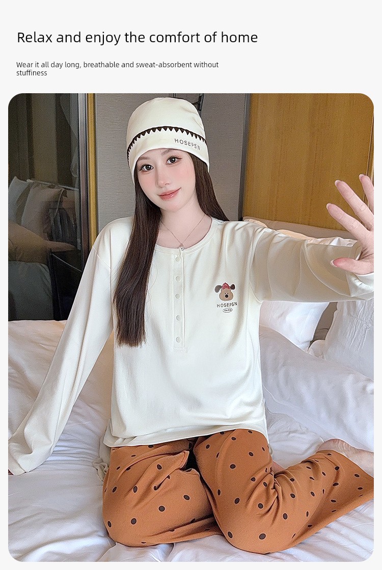 Free Hat with Winter Maternity Wear, Pure Cotton Nursing Pajamas, Spring and Autumn Postpartum All-Season Maternity Loungewear Set — 4