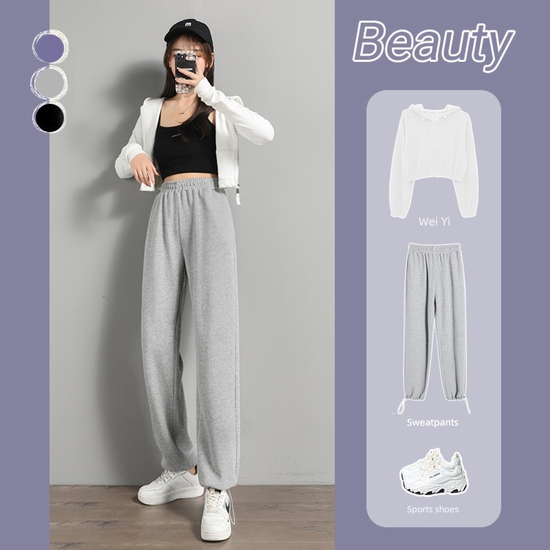 spring and autumn Thin money Show thin High waist leisure time grey Sports pants