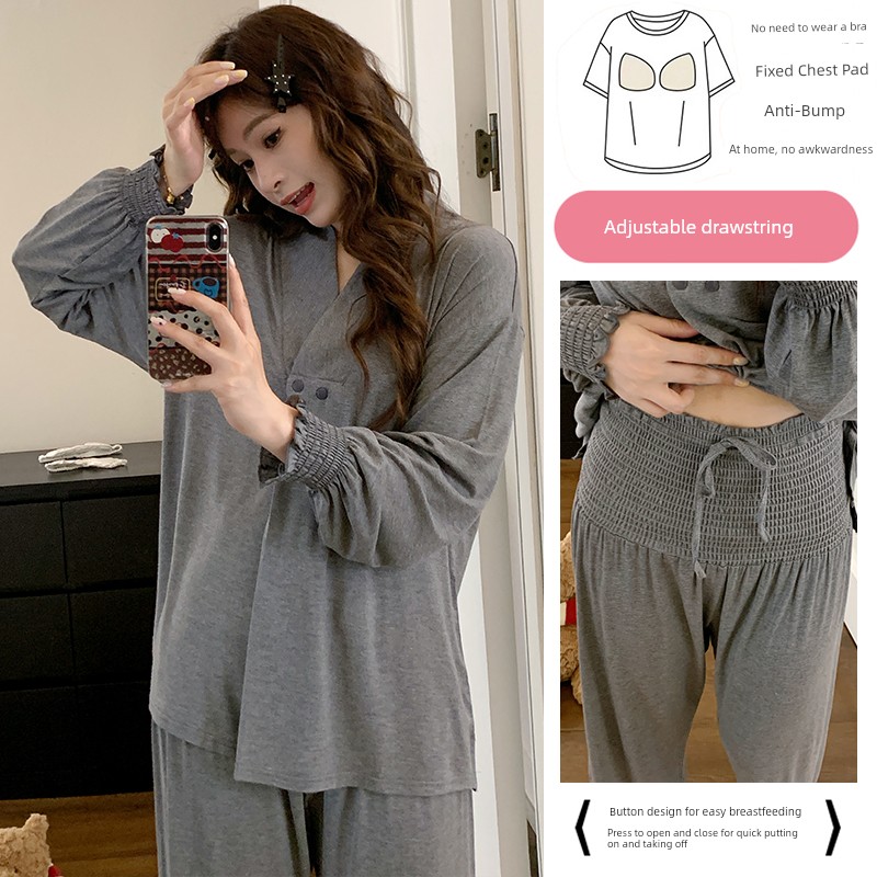 Free Hairband with Modal Maternity Pajamas for Women, Spring and Autumn Cool Nursing Postpartum Wear, Summer Thin Style with Breast Pads for Home Use — 2