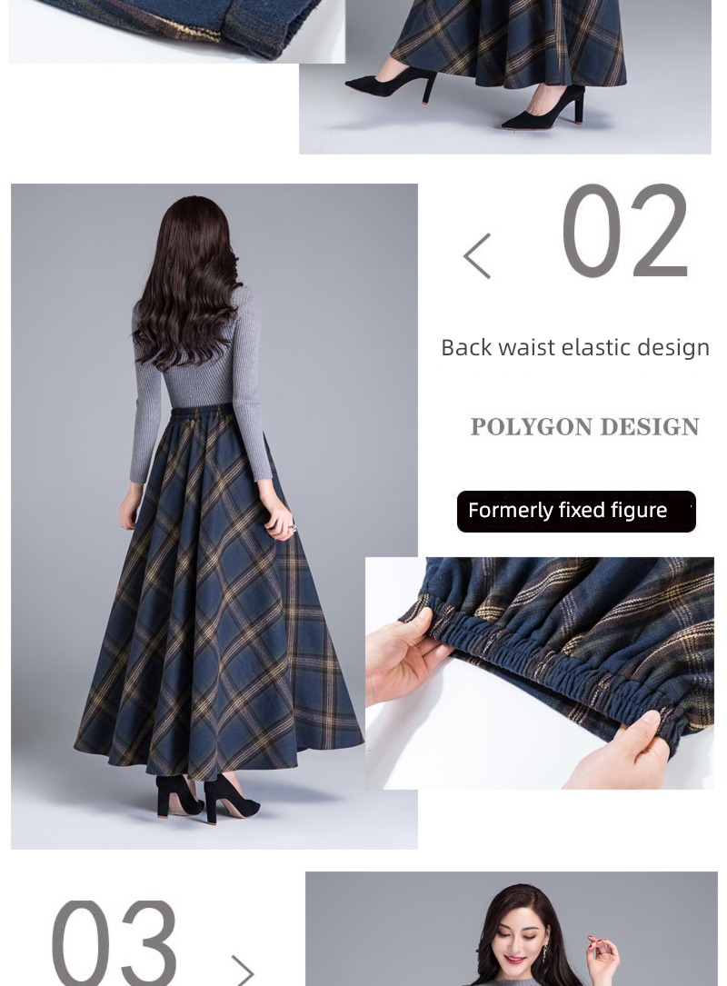 Wool lattice Retro Big size High waist Show thin Medium length skirt