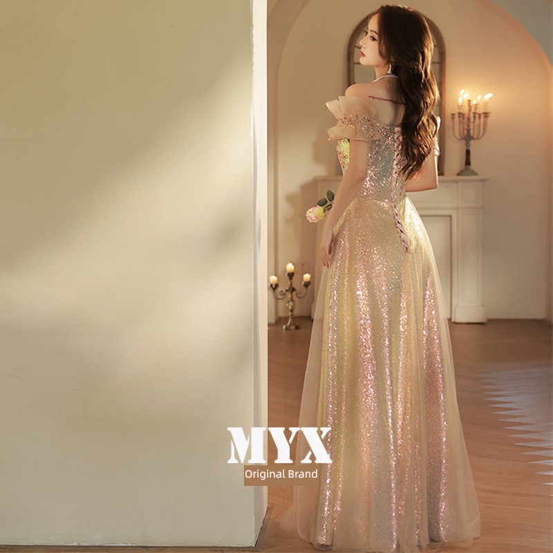 temperament champagne golden Art examination Dress Evening dress