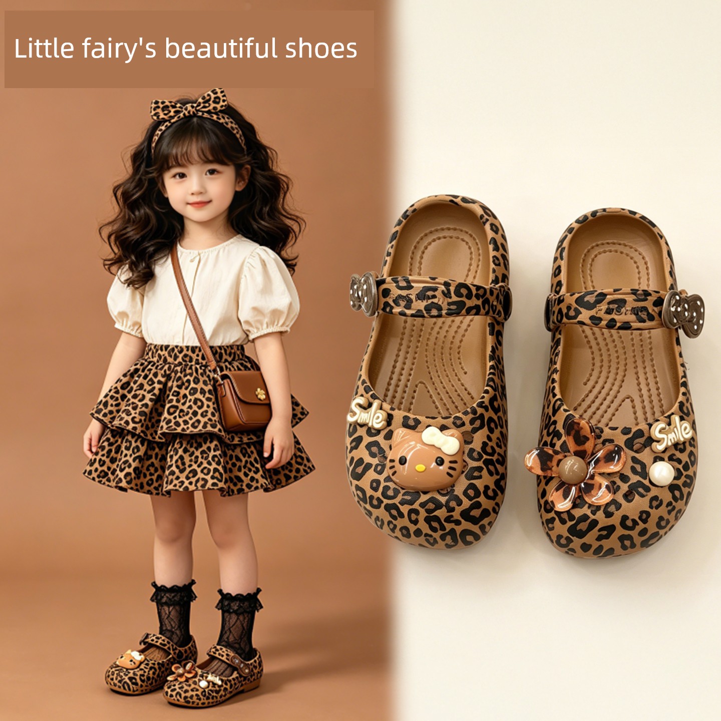 Children's Slippers for Girls, Summer Outdoor Beach Shoes, Fashionable Princess Leopard Print Ballet Parent-Child Sandals, Girls' Clogs