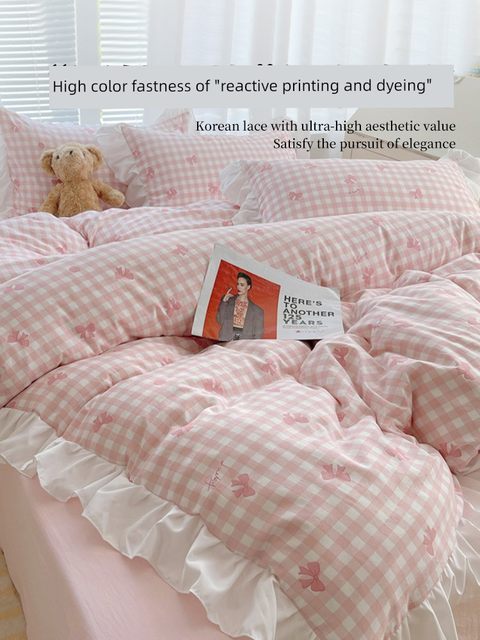 Princess Style Girls Heart Four-Piece Set Partial Cotton Pure Cotton Pink Lace Quilt Set Door Bed Single Bed Three-Piece Set
