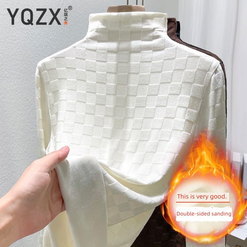 Half high collar Undershirt female Autumn and winter Inner lap new pattern white Long sleeve T-shirt Chessboard Frosted thickening keep warm jacket