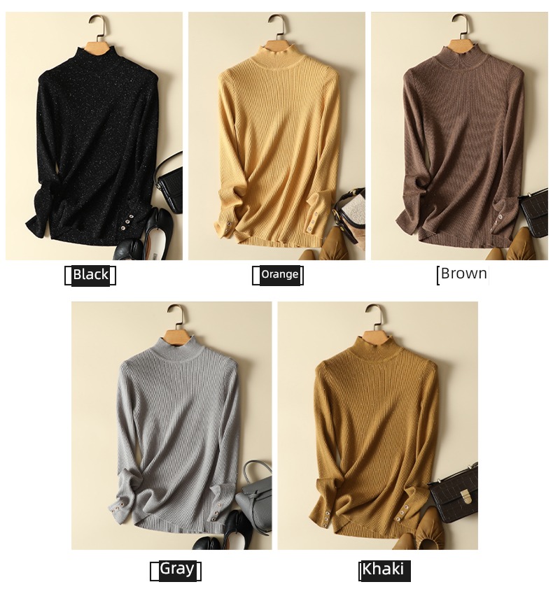 Half high collar Bright silk Button knitting Undershirt sweater