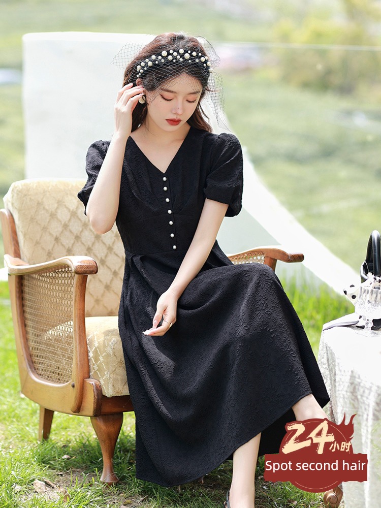 Blue language temperament V-neck Fat mm Close your waist jacquard weave Little black dress