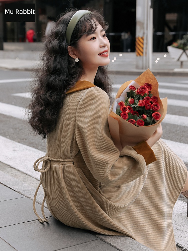 Moxa rabbit Retro corduroy Doll Collar Long sleeve Dress