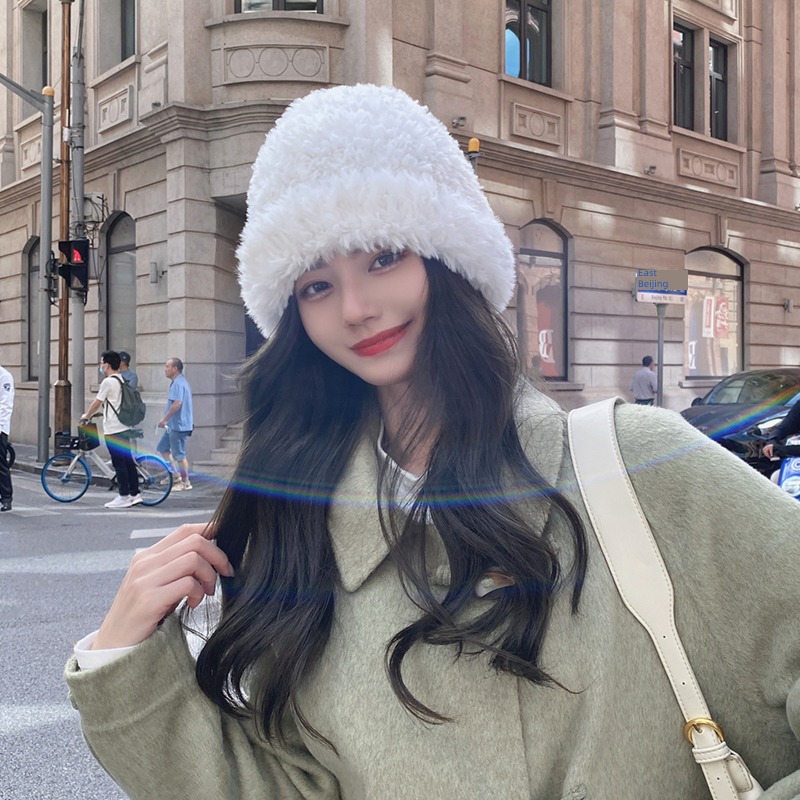 OVANCY Languid easy woolen hat female winter Show a small face Curling Knitted hat solar system Big edition Plush Cold cap tide