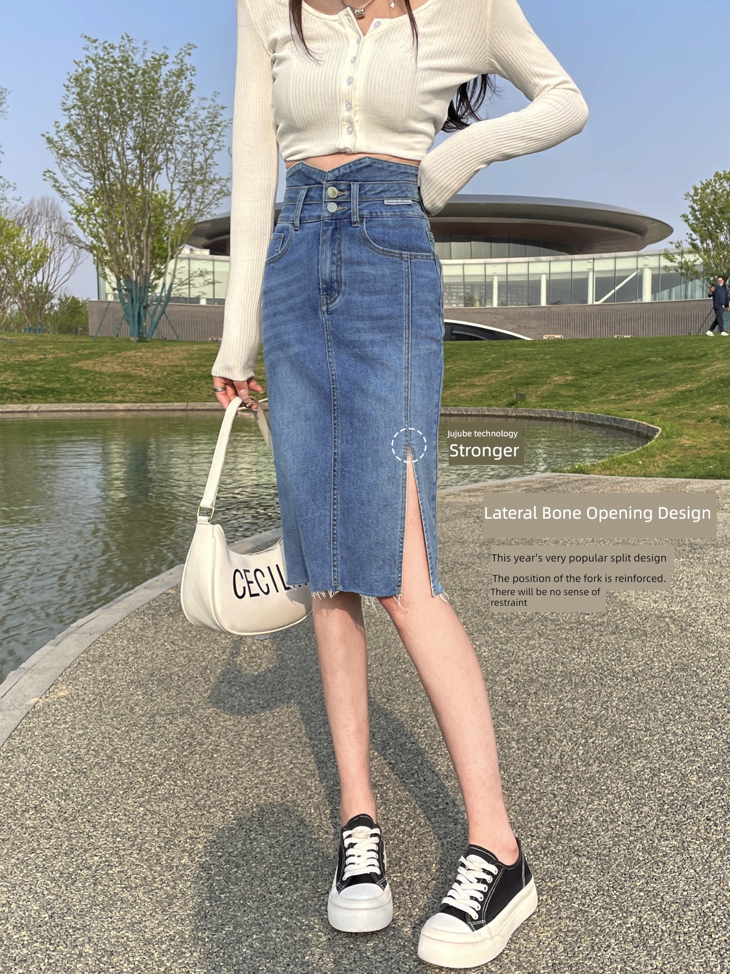 A word elastic force Buttocks Show thin Versatile Medium length Denim skirt