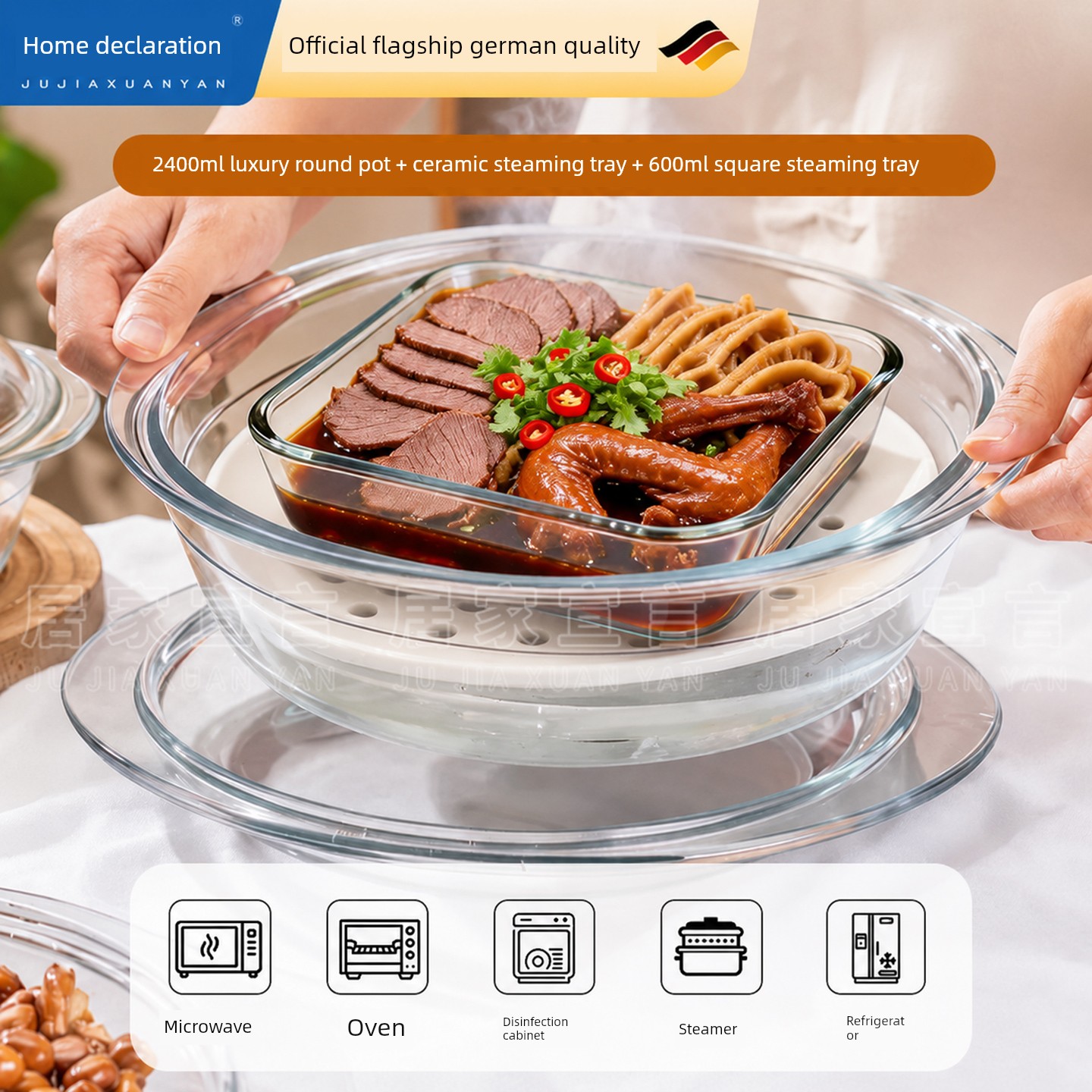 Microwave Oven Three-Piece Set of Glass Bowls, Steaming Dishes, High-Temperature Resistant Heating Steamer, Microwave Oven-Specific Bowls, Ceramic Steaming Plates and Bowls