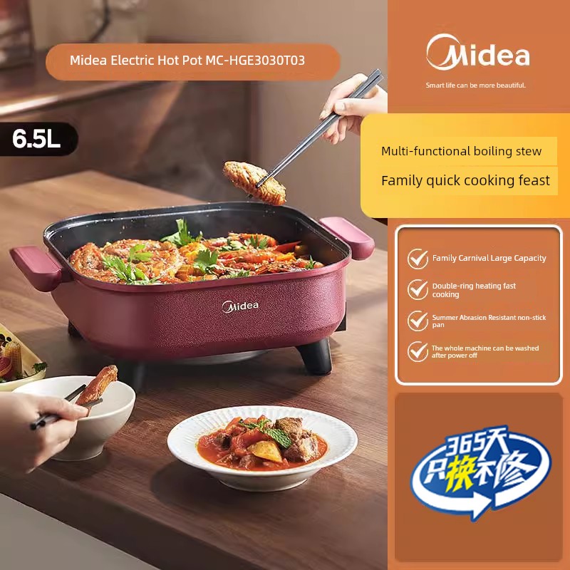 Midea Electric Chafing Dish For Home Rectangular Integrated Electric Frying Dishes Non-Stick High-Power Boiled Noodles Bouilli Multi-Functional 6.5L