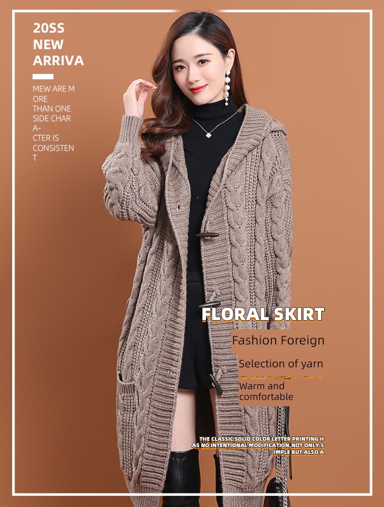 loose coat female With pocket Hemp flowers Hooded Cardigan Ox horn buckle